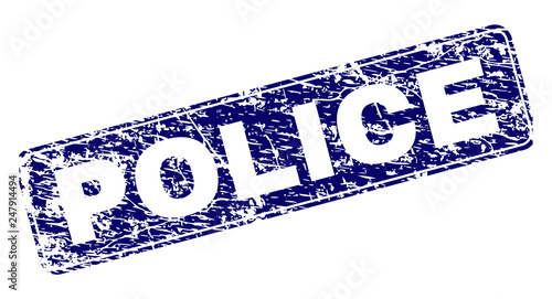 POLICE stamp seal print with grunge style. Seal shape is a rounded rectangle with frame. Blue vector rubber print of POLICE label with unclean style.