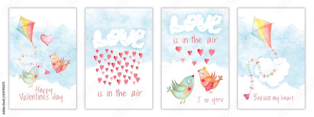 Valentines day card set, templates with watercolor kite, love kissing birds, hearts and clouds. Hand drawn illustration, childish design postcard collection
