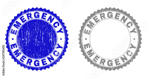 Grunge EMERGENCY stamp seals isolated on a white background. Rosette seals with distress texture in blue and gray colors. Vector rubber overlay of EMERGENCY tag inside round rosette.