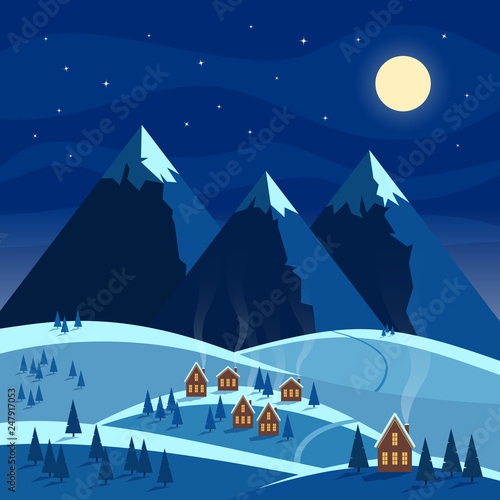 Winter night snow landscape with moon  mountains  hills  trees  cozy houses with lighted windows. Christmas and new year welcoming. Flat vector illustration. 