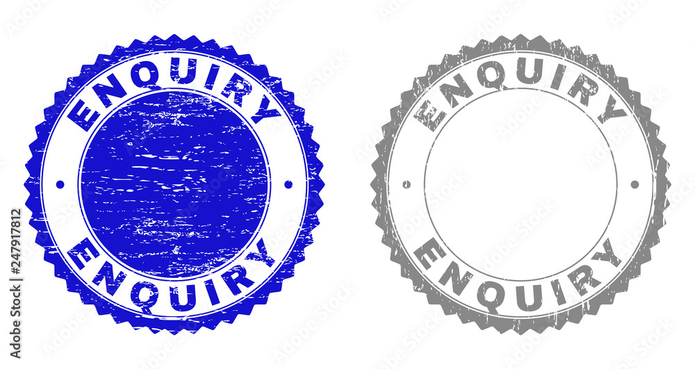 Grunge ENQUIRY stamp seals isolated on a white background. Rosette seals with grunge texture in blue and gray colors. Vector rubber stamp imprint of ENQUIRY text inside round rosette. Grunge ENQUIRY stamp seals isolated on a white background. Rosette seals with grunge texture in blue and gray colors. Vector rubber stamp imprint of ENQUIRY text inside round rosette.