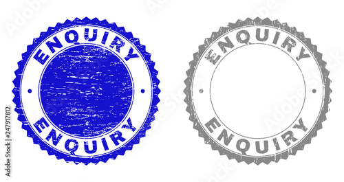 Grunge ENQUIRY stamp seals isolated on a white background. Rosette seals with grunge texture in blue and gray colors. Vector rubber stamp imprint of ENQUIRY text inside round rosette.