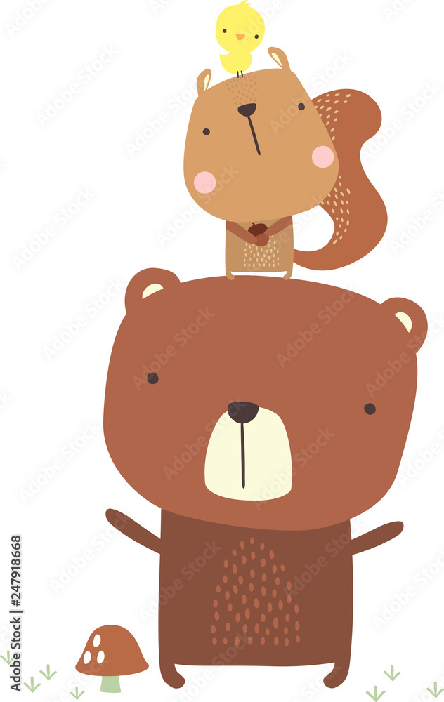 Obraz premium cute bear and squirrel illustration with little bird. hand drawn style. can be used for nursery decoration, baby and kids wear, fashion print design