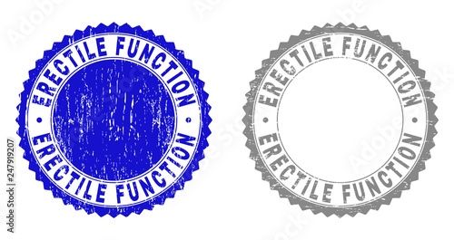 Grunge ERECTILE FUNCTION stamp seals isolated on a white background. Rosette seals with grunge texture in blue and gray colors.