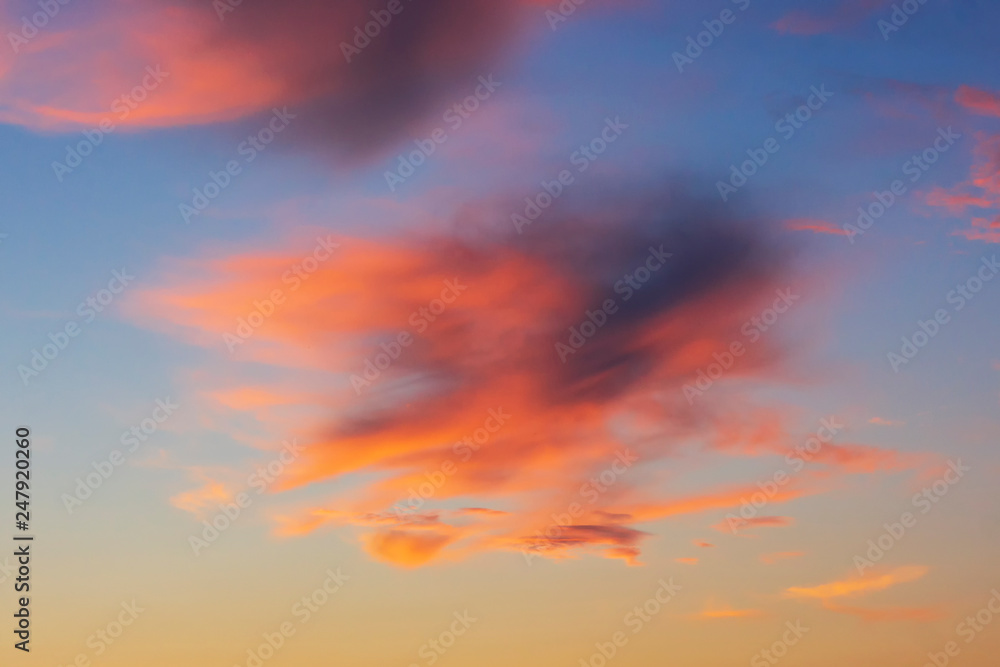 Colorful purple clouds in sky at sunset in summer