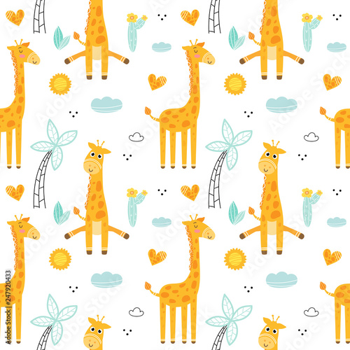 Cartoon giraffe seamless pattern background, tropical plants, vector illustration. © reddish