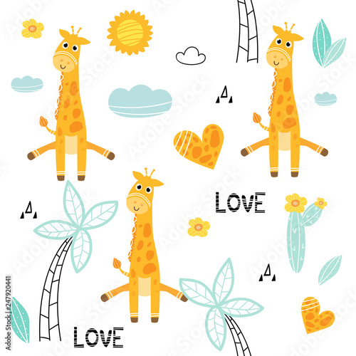 Canvas Print Cartoon giraffes in love seamless pattern background,  tropical plants, vector i