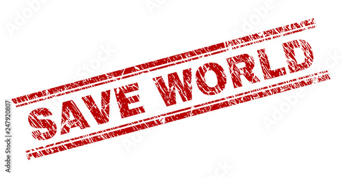 SAVE WORLD seal imprint with grunge style. Red vector rubber print of SAVE WORLD text with grunge texture. Text caption is placed between double parallel lines.