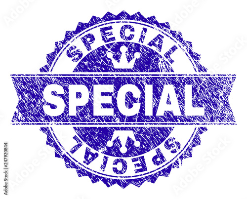 SPECIAL rosette stamp seal watermark with distress style. Designed with round rosette, ribbon and small crowns. Blue vector rubber watermark of SPECIAL caption with retro style.