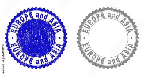 Grunge EUROPE AND ASIA stamp seals isolated on a white background. Rosette seals with grunge texture in blue and gray colors. Vector rubber overlay of EUROPE AND ASIA label inside round rosette.