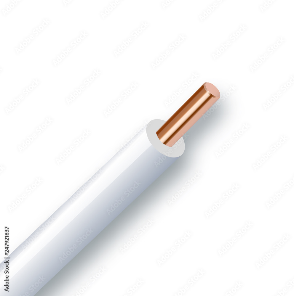 Flexible electrical copper cable isolated on white background. cable with white colored insulation. Close-up section. Power wire. Vector illustration Flexible electrical copper cable isolated on white background. cable with white colored insulation. Close-up section. Power wire. Vector illustration