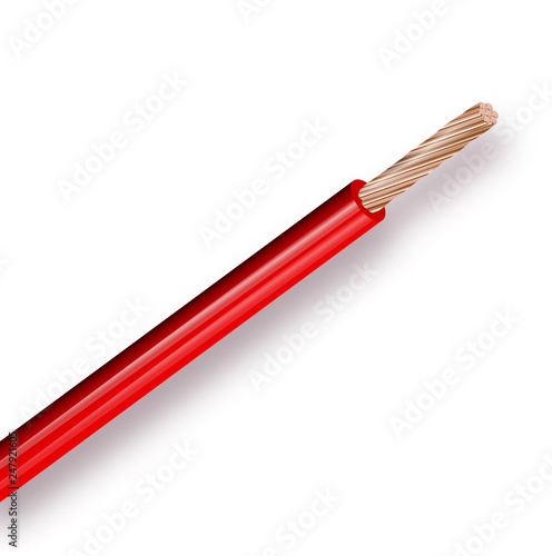Flexible electrical copper cable isolated on white background. cable with red colored insulation. Close-up section. Power wire. Vector illustration