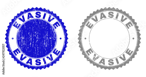 Grunge EVASIVE stamp seals isolated on a white background. Rosette seals with grunge texture in blue and gray colors. Vector rubber stamp imitation of EVASIVE caption inside round rosette.