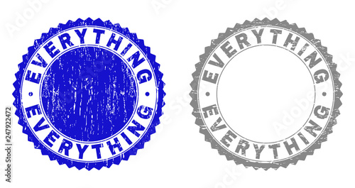 Grunge EVERYTHING stamp seals isolated on a white background. Rosette seals with grunge texture in blue and gray colors. Vector rubber stamp imprint of EVERYTHING label inside round rosette.