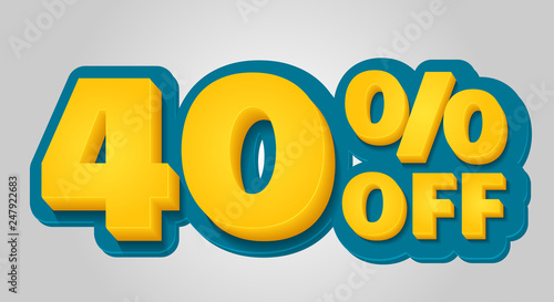 40% off discount banner. Special offer sale tag in 3d style. Blue and yellow vector illustration.