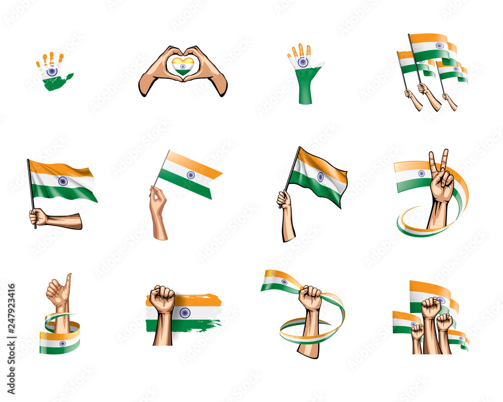 India flag and hand on white background. Vector illustration India flag and hand on white background. Vector illustration