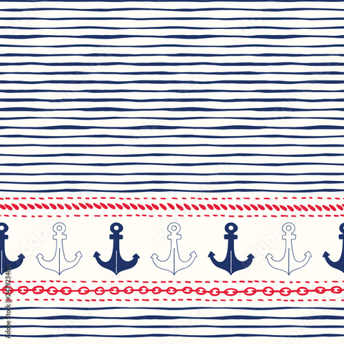 Hand-Drawn Horizontal Border with Ropes, Chains and Anchors Vector Seamless Pattern. Red, White, Blue Marine Background