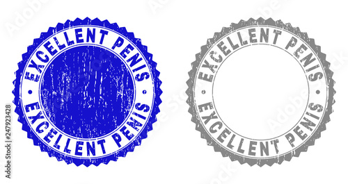 Grunge EXCELLENT PENIS stamp seals isolated on a white background. Rosette seals with grunge texture in blue and grey colors. Vector rubber stamp imprint of EXCELLENT PENIS text inside round rosette.