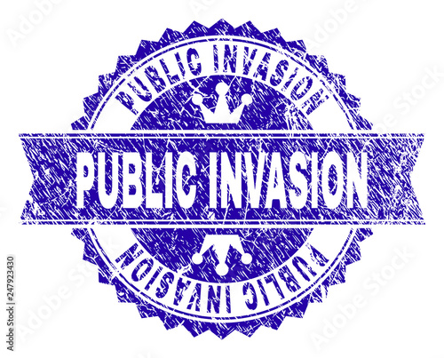 PUBLIC INVASION rosette stamp watermark with distress effect. Designed with round rosette, ribbon and small crowns. Blue vector rubber watermark of PUBLIC INVASION title with grunge style.