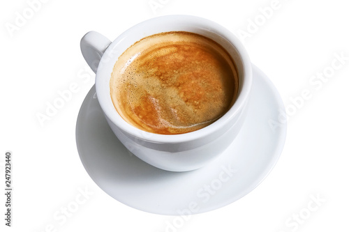 A cup of of Americano coffee on a saucer isolated on white background. Top view