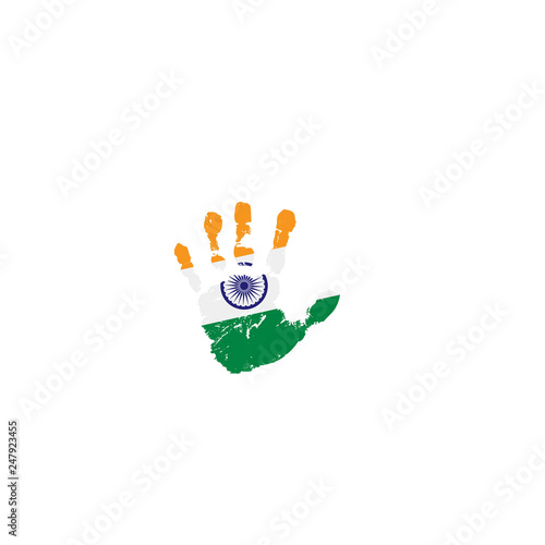 India flag and hand on white background. Vector illustration