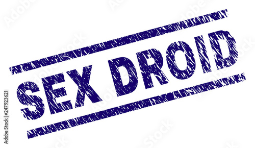 SEX DROID seal print with grunge style. Blue vector rubber print of SEX DROID text with unclean texture. Text title is placed between parallel lines.