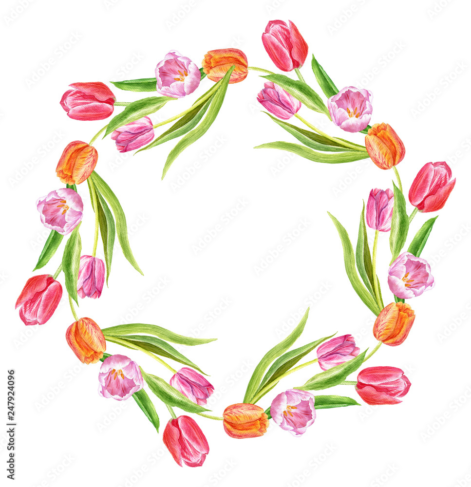Spring wreath. Early watercolor painted flowers. Save the date, congratulations, postcard for a wedding, holiday Spring wreath. Early watercolor painted flowers. Save the date, congratulations, postcard for a wedding, holiday