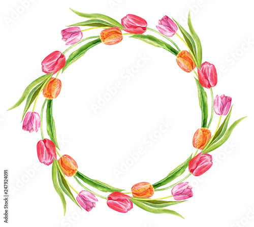 Fototapeta Naklejka Na Ścianę i Meble -  Spring wreath. Early watercolor painted flowers. Save the date, congratulations, postcard for a wedding, holiday