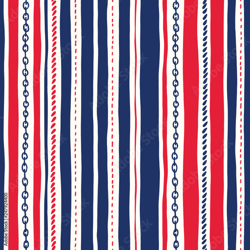 Hand-Drawn Rope and Chains Uneven Vertical Stripes Stripes Vector Seamless Pattern. Red White and Blue Marine Background
