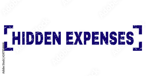 HIDDEN EXPENSES text seal print with distress texture. Text title is placed inside corners. Blue vector rubber print of HIDDEN EXPENSES with unclean texture.