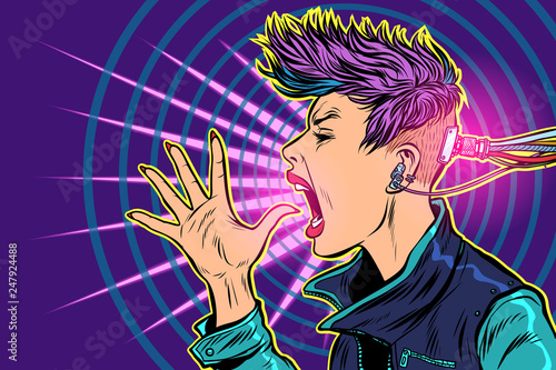 cyberpunk Internet addiction. gadgets virtuality. 80s girl woman