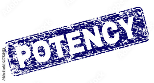 POTENCY stamp seal print with grunge style. Seal shape is a rounded rectangle with frame. Blue vector rubber print of POTENCY caption with dirty style.