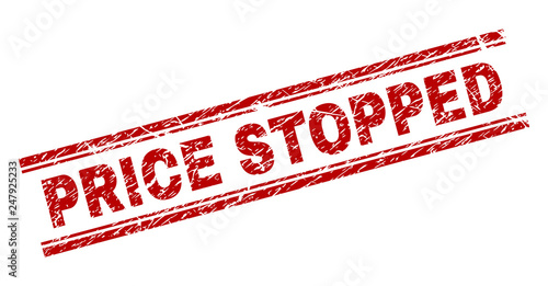 PRICE STOPPED seal imprint with grunge texture. Red vector rubber print of PRICE STOPPED text with unclean texture. Text tag is placed between double parallel lines.