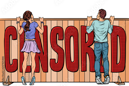 censored prohibition of age qualification for young people. boy and girl peeping