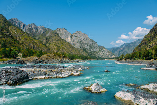 Fototapeta Naklejka Na Ścianę i Meble -  The Altay landscape with bright turquoise mountain river Katun and green rocks, Siberia, Altai Republic