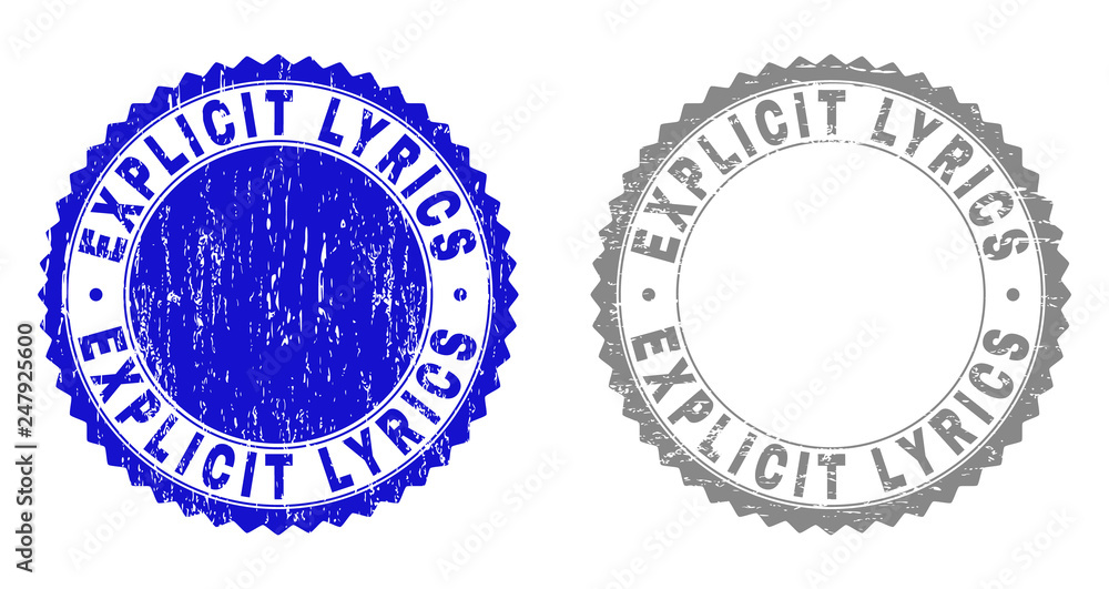 Grunge EXPLICIT LYRICS stamp seals isolated on a white background. Rosette seals with grunge texture in blue and grey colors. Vector rubber stamp imitation of EXPLICIT LYRICS tag inside round rosette.
