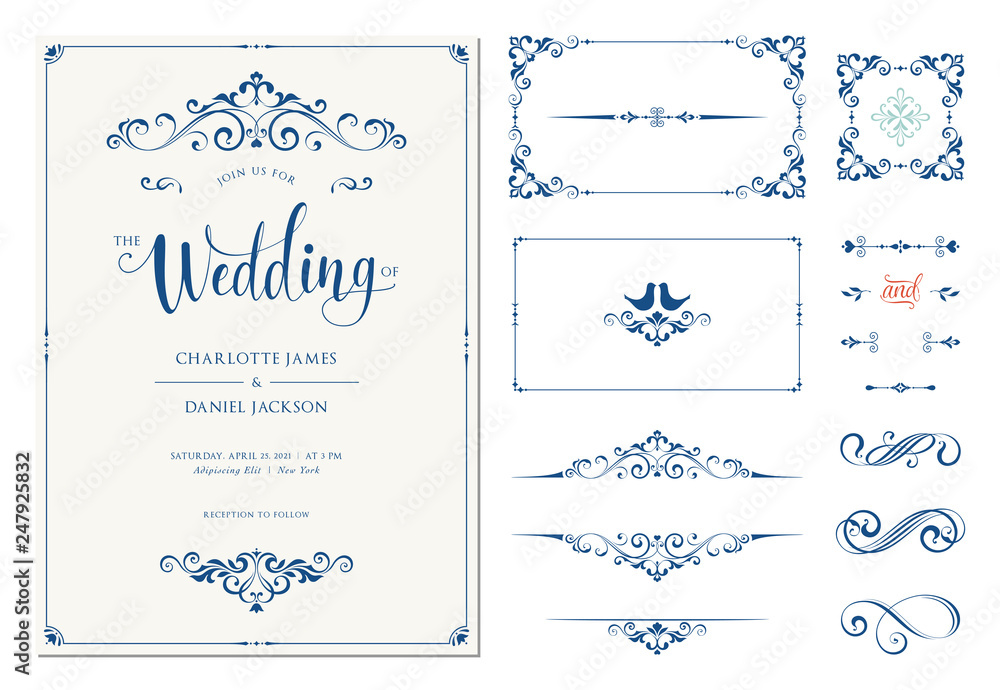 Ornate wedding invitation. Calligraphic vintage elements, dividers and page decorations. - obrazy, fototapety, plakaty 