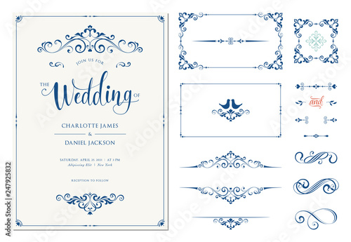 Ornate wedding invitation. Calligraphic vintage elements, dividers and page decorations. photo
