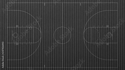 Lines of a basketball field on a paper surface background texture, black color.