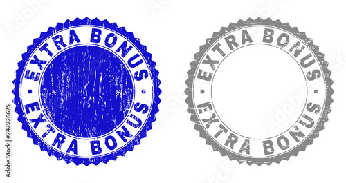 Grunge EXTRA BONUS stamp seals isolated on a white background. Rosette seals with grunge texture in blue and grey colors. Vector rubber stamp imprint of EXTRA BONUS caption inside round rosette.