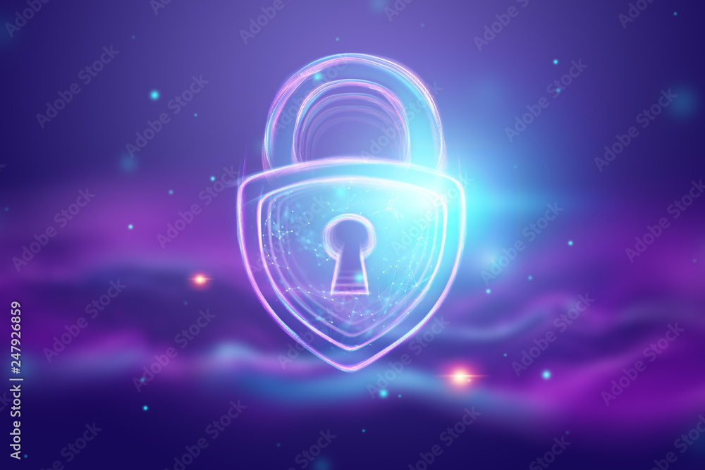 Creative, ultraviolet background, hologram lock. The concept of security, safe, data privacy, data protection, cryptocurrency, cyber otak. Copy space. Creative, ultraviolet background, hologram lock. The concept of security, safe, data privacy, data protection, cryptocurrency, cyber otak. Copy space.
