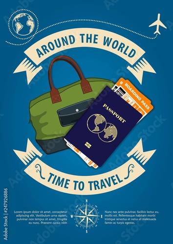 Time to travel banner or poster with travel bag, passport and boarding passes tickets. Concept for travel and vacations. Vector illustration