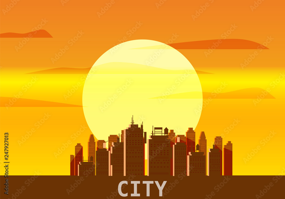 City megapolis sunset, cityscape, evening, skyline, silhouettes of skyscrapers. Vector, illustration, isolated, background, template, banner