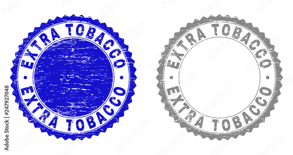 Grunge EXTRA TOBACCO stamp seals isolated on a white background. Rosette seals with grunge texture in blue and gray colors. Vector rubber stamp imprint of EXTRA TOBACCO title inside round rosette.