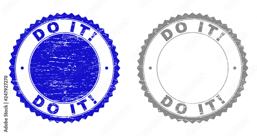 Grunge DO IT! stamp seals isolated on a white background. Rosette seals with grunge texture in blue and grey colors. Vector rubber stamp imitation of DO IT! label inside round rosette. Grunge DO IT! stamp seals isolated on a white background. Rosette seals with grunge texture in blue and grey colors. Vector rubber stamp imitation of DO IT! label inside round rosette.