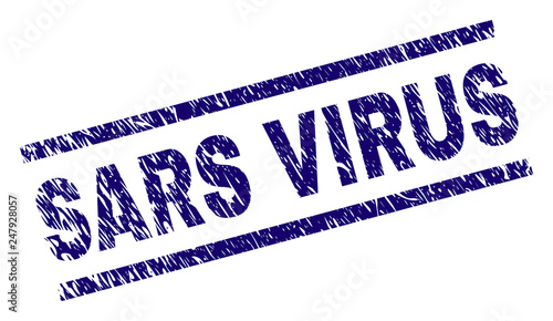 SARS VIRUS seal stamp with distress style. Blue vector rubber print of SARS VIRUS text with unclean texture. Text title is placed between parallel lines.