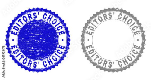 Grunge EDITORS' CHOICE stamp seals isolated on a white background. Rosette seals with grunge texture in blue and grey colors. Vector rubber stamp imitation of EDITORS' CHOICE tag inside round rosette.