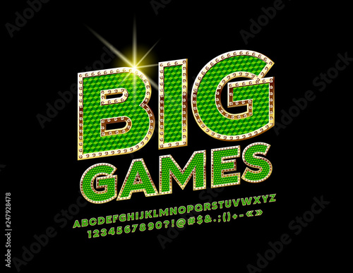 Chic Sign Big Games. Vector Green Diamond Pattern with Gold Alphabet Letters, Numbers and Symbols. Royal stylish Font.