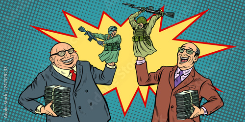 Politicians start wars for money concept. Businessmen laughing soldiers fighting