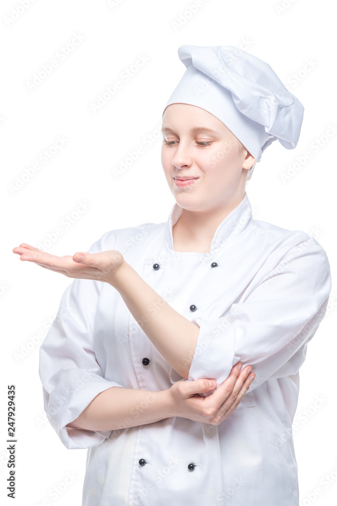 female cook looks at her empty palm, concept photo on white background portrait isolated female cook looks at her empty palm, concept photo on white background portrait isolated